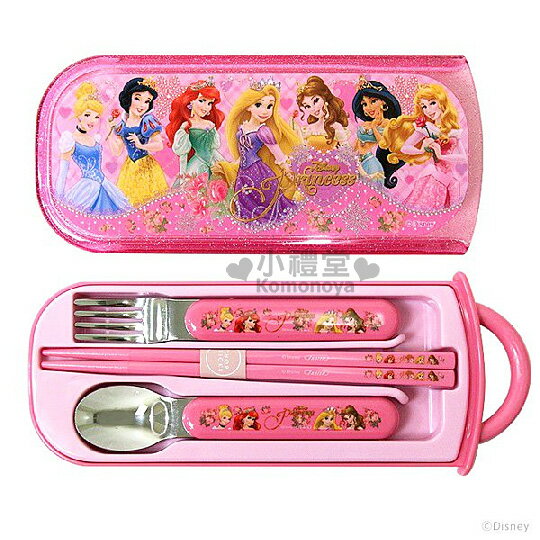 〔小禮堂〕迪士尼 公主 日製餐具組《粉紅.7位公主.三件式》抽拉式外盒方便使用