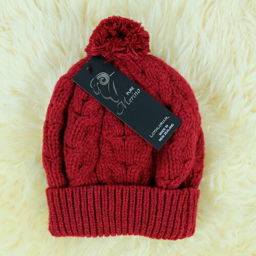 紐西蘭100%純羊毛帽*毛球麻花粗針織毛線帽*深紅色(美麗諾Merino)