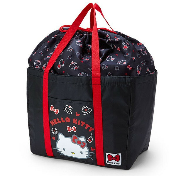 【真愛日本】16050300006	保冷可折束口購物籃袋-KT大臉黑 三麗鷗Hello Kitty凱蒂貓 旅行袋 收納袋
