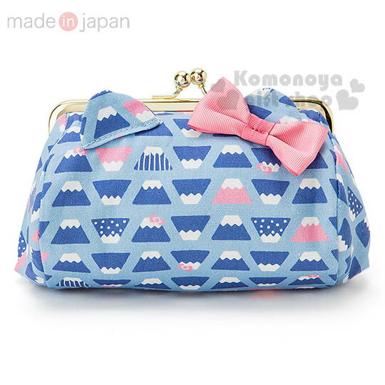 〔小禮堂〕Hello Kitty 日製棉質口金化妝包《藍.富士山滿版.立體蝴蝶結》