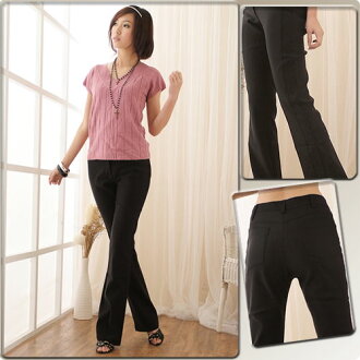 西裝褲--輕鬆纖腿韓版中央車線休閒氣質中腰小喇叭西裝長褲(S-5L)-K06眼圈熊中大尺碼