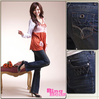 牛仔褲--細直修飾銅環V型橘線刺繡鬼爪中腰小喇叭牛仔褲(S-7L)-N05眼圈熊中大尺碼