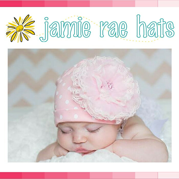 ★啦啦看世界★ Jamie Rae Hats 粉蕾絲粉白點棉帽 Pink White Print Hat with Pale Pink Lace Rose