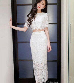 新裙2015夏季새로운女裝名媛修身兩件套鏤空蕾絲련옷裙長裙子(白色)