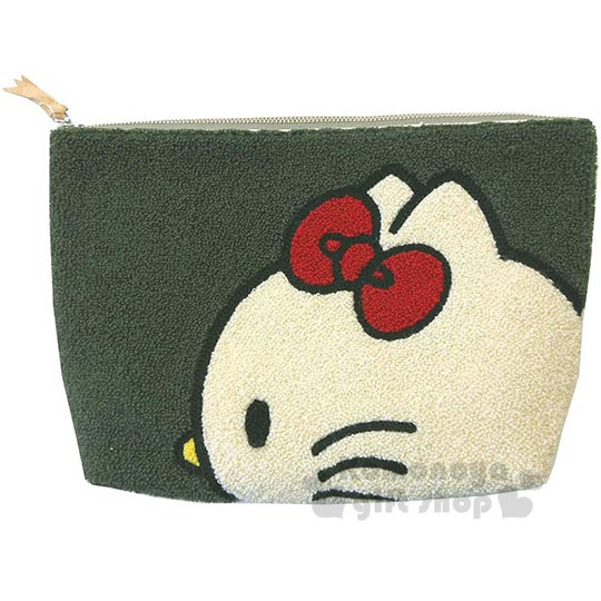 〔小禮堂〕Hello Kitty 毛巾布拉鍊化妝包《大.米黃綠.側臉》