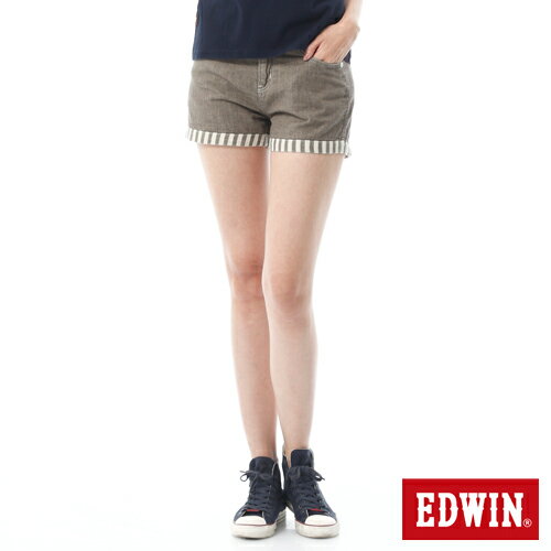 【990元優惠↘】Miss EDWIN 503棉麻條紋反折超短褲-女-咖啡