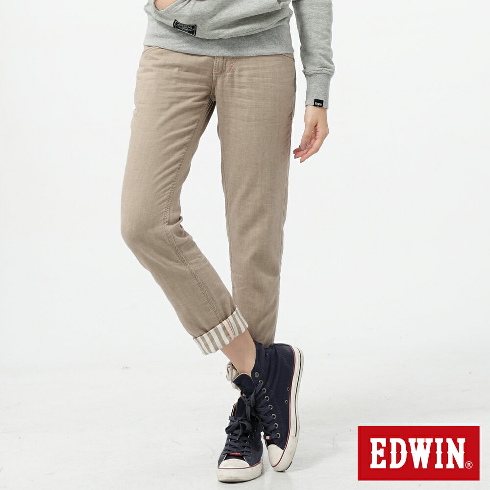 【5折優惠↘】Miss EDWIN BLUE TRIP袋蓋反折條紋休閒褲-卡其