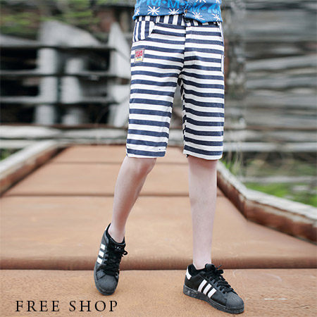 Free Shop【QTJK59】日韓風格後側平式口袋拼接貼布造型設計條紋短褲休閒短褲