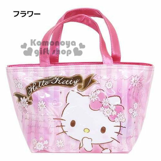 〔小禮堂〕Hello Kitty 保冷便當提袋《粉.透明.側身.大臉摸嘴巴.多小花》內裡鋁箔保冷材質