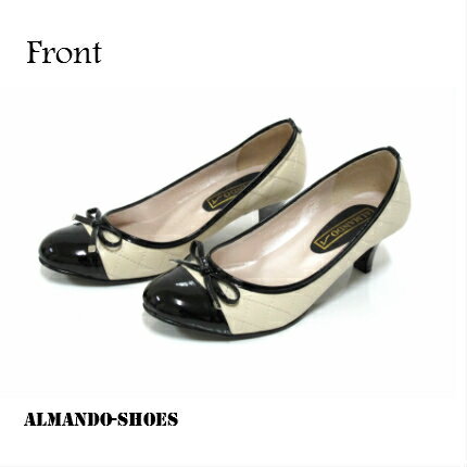 ALMANDO-SHOES★素雅高貴菱格紋雙色拼接圓頭跟鞋~