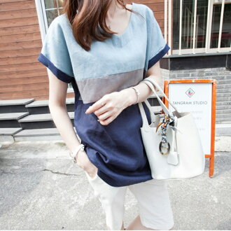 襯衫 韓版V領色塊拼接亞麻上衣 預購【51-12-86004738】ibella 艾貝拉