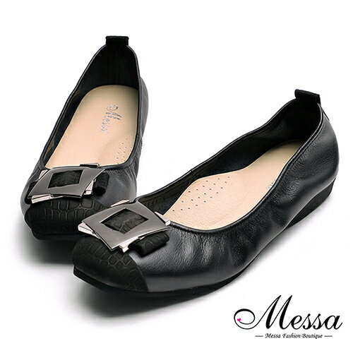 【Messa米莎專櫃女鞋】MIT全皮鏡面方形金屬飾釦方頭芭蕾舞鞋-黑色