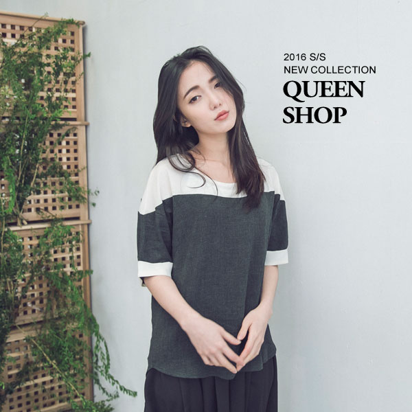 Ｑｕｅｅｎ Ｓｈｏｐ【01093013】剪接配色造型反摺袖上衣＊現貨+預購＊