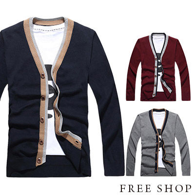 Free Shop【QR10562】日韓系英倫雅痞質感撞色拼布素色針織V領排釦罩衫外套‧三色