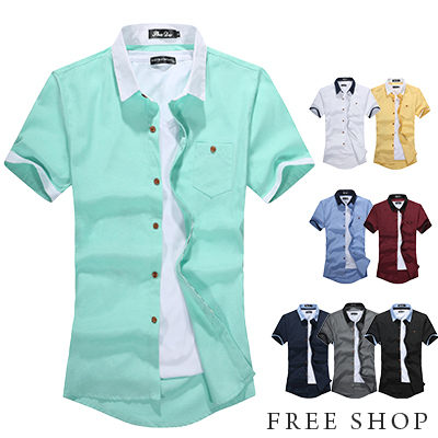 Free Shop【QR20298】日韓風格簡約時尚多彩配色衣領修身剪裁素色牛津襯衫短袖襯衫‧八色