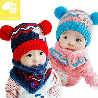 WallFree窩自在可愛狗狗閃電彩條雙毛球兒童保暖毛線帽+帶釦圍脖超值套裝組合