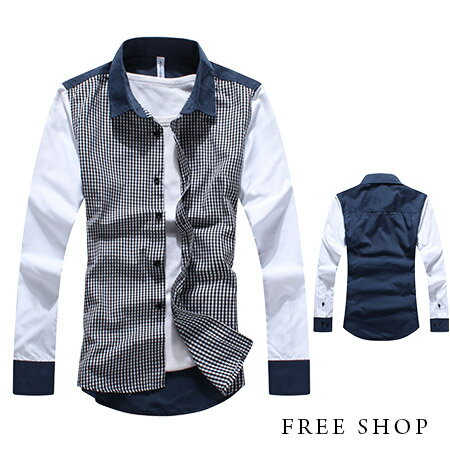 Free Shop【QH121311】日韓風格經典三角領細格紋撞色拼接質感鈕釦設計長袖襯衫