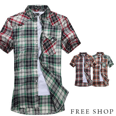 Free Shop【QR20290】韓版型男蘇格蘭格紋配色質感拼布口袋設計短袖格紋襯衫‧三色
