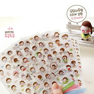韓國文具批發 可愛女孩透明裝飾貼紙 一組6款#JO010015