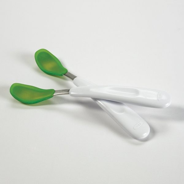 美國OXO 嬰兒用湯匙組合Feeding Spoon Set - 綠色 不鏽鋼軟矽膠湯匙組 軟質餵食湯匙2入