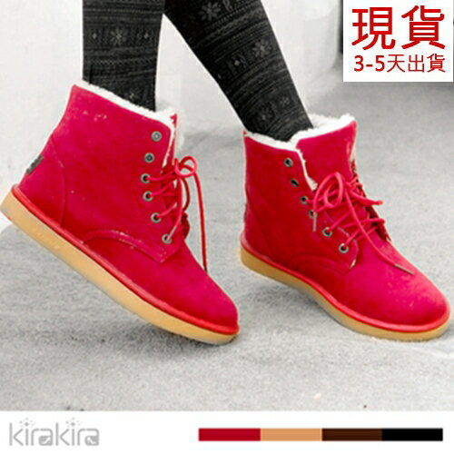 現貨短靴-kirakira-冬季詩篇飽和色內裡絨毛綁帶短靴-4色