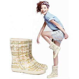 雨靴/水靴金色塗鴨手繪女士雨靴 女式雨鞋 防水雪地靴