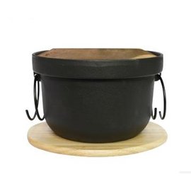 【飯鍋-鑄鐵-黑色釜飯鍋-單底-20】鑄鐵鍋 老鐵湯鍋 日本鍋 燉鍋 各種爐灶通用 木蓋帶木墊(外徑20內徑16.8高12cm(含蓋),容量1L)-8001017