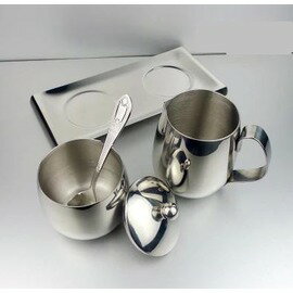 【糖奶套裝-不銹鋼-奶杯+糖盅+底碟/套-1套/組】350ml鼓形奶杯 奶缸+300ml不銹鋼糖盅+不銹鋼底碟 套裝咖啡器具-7501007