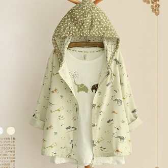 外套 卡通圖案印花薄款棉麻連帽外套 衣服日系 預購【55-25-8039】ibella 艾貝拉