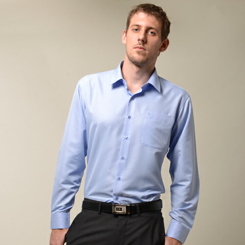 【金‧安德森】藍色仿絲質窄版襯衫-長袖