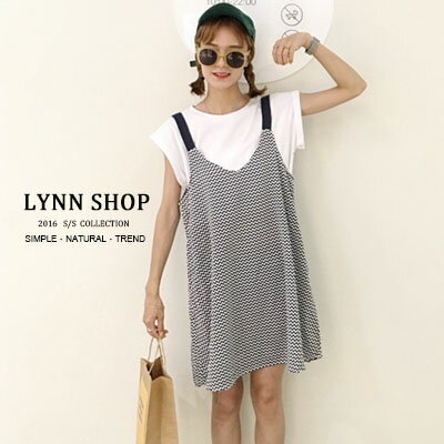 Lynn Shop 【1500302】肩帶小波浪吊帶裙+白色上衣二件套裝組 預購