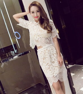 女神透視蕾絲裙兩件套包臀夜店性感大牌短裙세트套裝(白色)十天預購+現貨