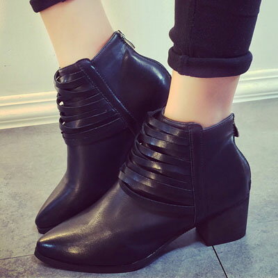 短靴 歐美時尚多層次粗跟尖頭短靴【S1328】☆雙兒網☆