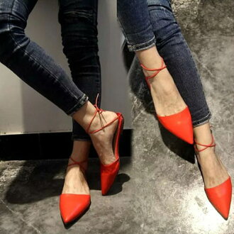 涼鞋 歐美時尚交叉綁帶尖頭平底鞋【S1000】☆雙兒網☆