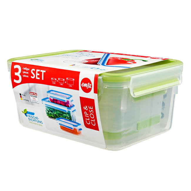 【德國EMSA】3D保鮮盒3件組(0.55L/1.0L/2.3L)。青蘋綠(517421)