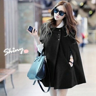 shiny藍格子【5679】時尚隨性.單色系三釦造型斗篷式毛呢外套