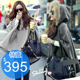 *︵shiny藍格子︵*【7348】韓式作風.毛領連帽斗篷式毛呢罩衫外套。淺灰/深灰