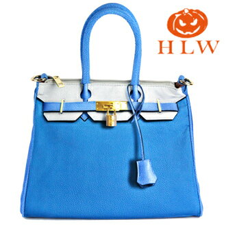 【HLW NY Print Bag 轉印包】設計鉑金系列 S型 白藍拚色 側(肩)背包 HLW轉印包 綵情時尚精品