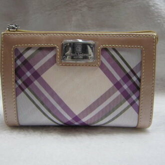 ~雪黛屋~Kinloch Andereson 英國專櫃 化妝包+鑰匙包100%進口牛皮+專利格紋緹花KA-60408紫格粉邊