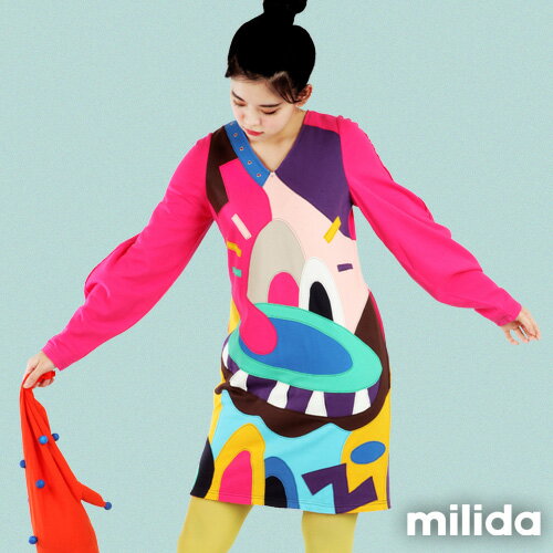 【milida】☆秋冬單品☆洋裝款☆V領澎袖拼貼款