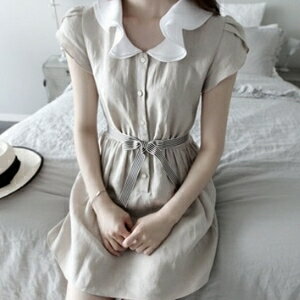美麗大街【IR2176】韓版氣質可愛娃娃領短袖收腰連身裙