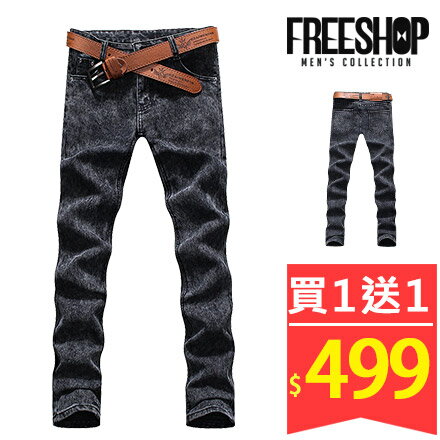 Free Shop【QTJK06】買一送一(送皮帶) 韓版型男風格合身窄版素面丹寧牛仔長褲‧黑灰色系
