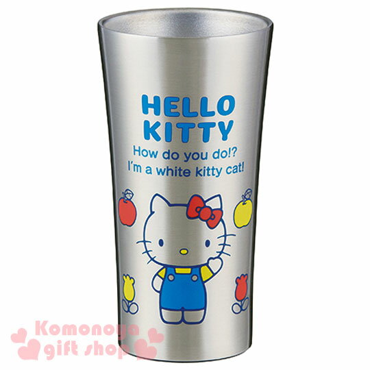 〔小禮堂〕Hello Kitty 無把手不鏽鋼杯《銀.站姿.舉單手.蘋果.400ml》70年代系列
