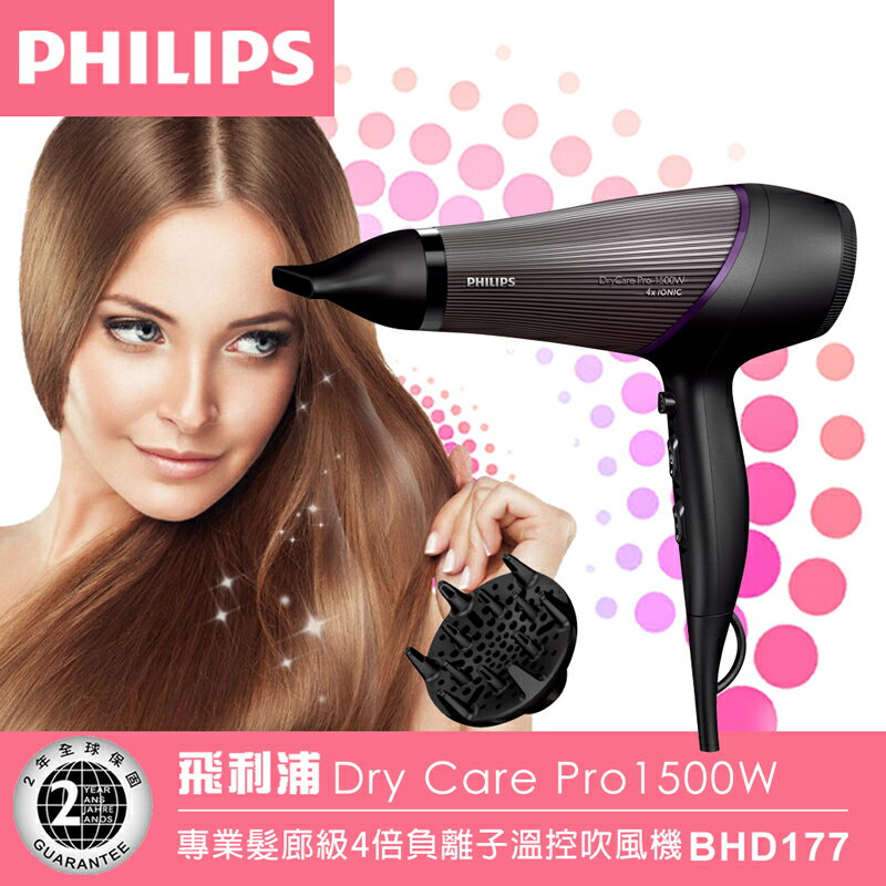 【飛利浦 PHILIPS】專業髮廊級4倍負離子溫控吹風機(BHD177)