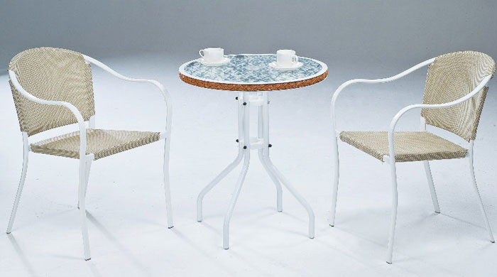 【 IS空間美學 】休閒玻璃圓桌/米白網皇冠休閒椅