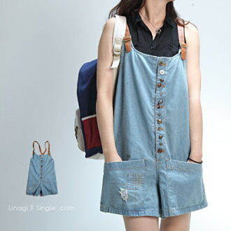 LINAGI里奈子精品【SZZ590-64-45】韓KOREA 休閒交叉吊帶排釦四個大口袋寬版牛仔短褲