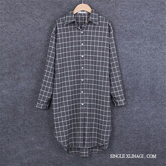 LINAGI里奈子精品【GM210-50-14】韓KOREA 簡約格子紋前短後長排釦立領長袖襯衫