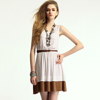 LINAGI里奈子精品【DO3713-07-83】韓KOREA 素雅舒適假兩件式雙層+彈力腰間鬆緊設計圓領無袖洋裝