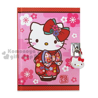 〔小禮堂〕Hello Kitty 精裝附造型鎖日記本《紅粉.和服.櫻花滿版》別緻硬厚殼封面