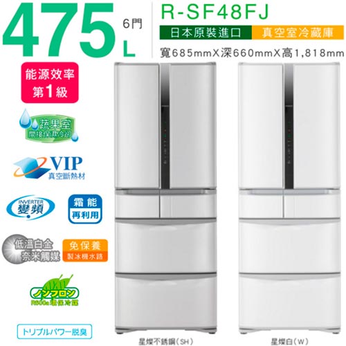 HITACHI 日立 電冰箱 RSF48FJ星燦不銹鋼 六門 1級省電 日本進口 475L